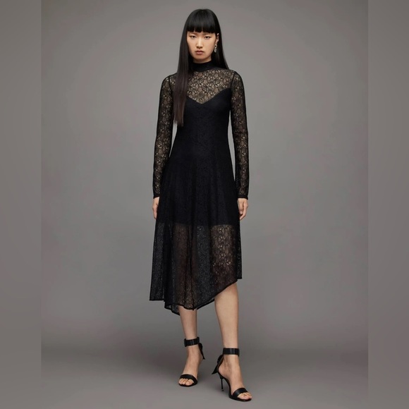 NWT All Saints Hanna Lace Black Asymmetrical Mock Neck Midi Dress Size US 8 - Picture 3 of 16